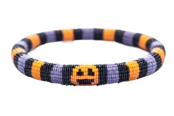 Colorful beaded bracelet with emoji design in orange, black, and purple, cut out