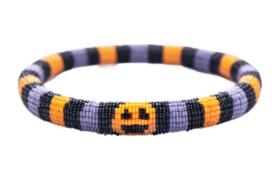 Colorful beaded bracelet with emoji design in orange, black, and purple, cut out