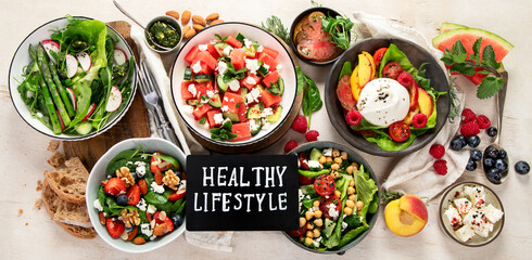 Different kinds of summer salads. Healthy lifestyle.