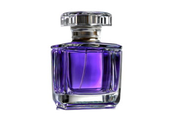 Elegant glass perfume bottle with vibrant purple liquid, cut out
