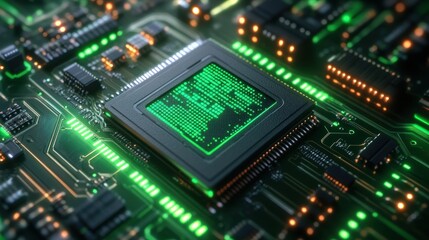 Fototapeta premium Close-up of a modern microchip with glowing green and orange circuitry on a motherboard conveying advanced technology and digital connectivity