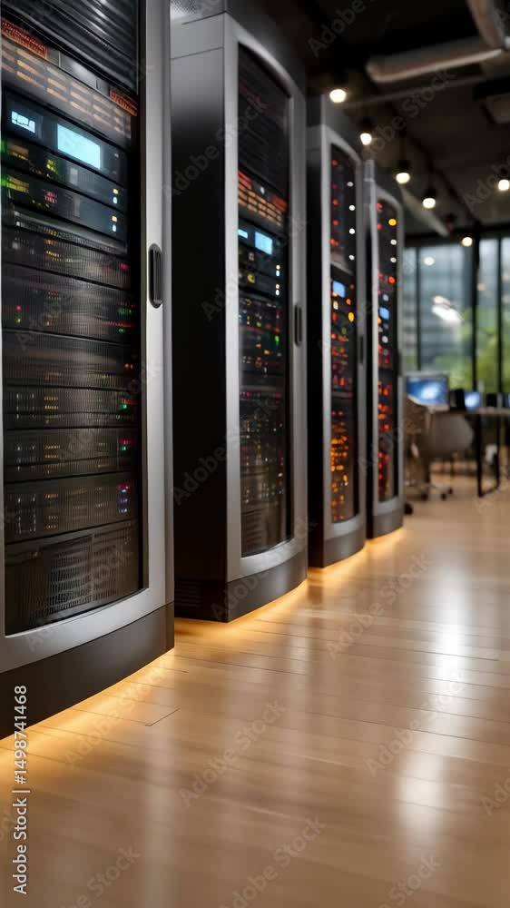Poster server racks in a data center arranged in a modern office, showcasing technology infrastructure and 