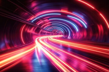 Futuristic tunnel illuminated with vibrant red and blue neon lights creating dynamic light trails and a sense of motion and speed