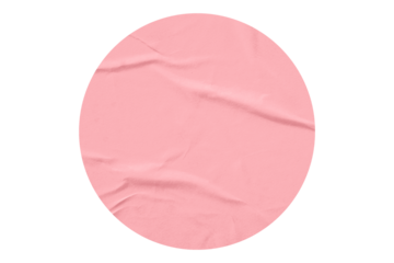 pink circle sticker with crumpled edges. Wrinkled round paper isolated on transparent background.
