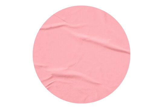 pink circle sticker with crumpled edges. Wrinkled round paper isolated on transparent background.