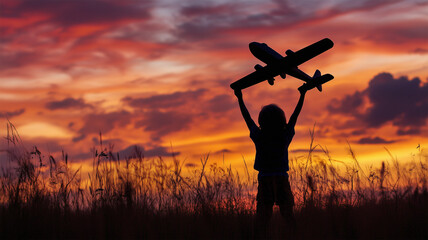 夕焼け空で飛行機を掲げる子供