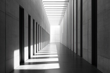 Minimalist concrete corridor with rectangular openings casting shadows on the polished floor under a skylight ceiling, evoking calm and symmetry