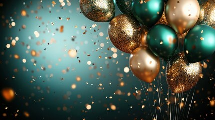 gold and green balloons with confetti floating in the air creating a festive and celebratory atmosphere