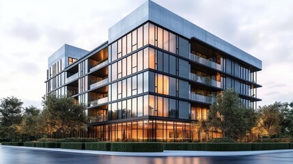 Modern multi-story office building with large glass windows illuminated by warm interior lights surrounded by landscaped greenery and trees on a cloudy day