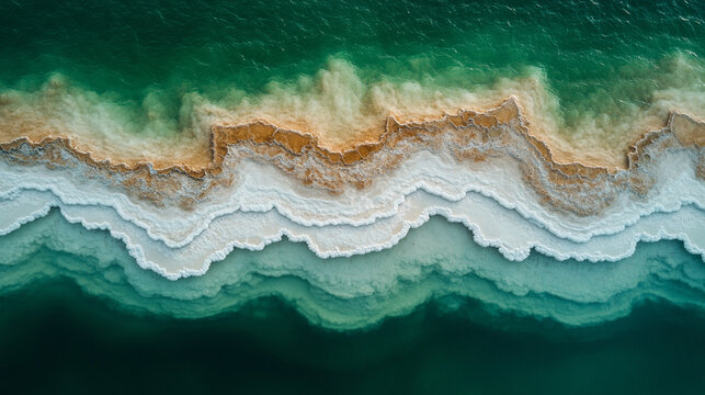 Aerial view of stunning salt formations in the Dead Sea, showcasing unique mineral-rich textures and geometric patterns. A natural wonder of surreal beauty and environmental significance.
