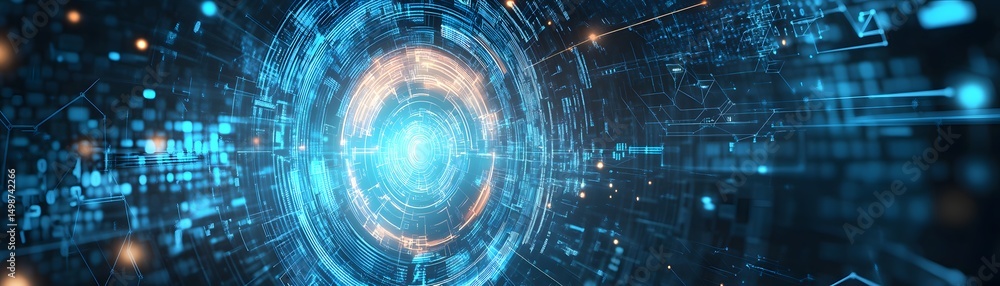 Poster digital circuitry network with glowing concentric circles.