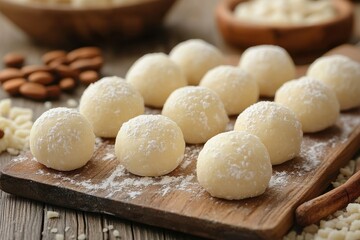 Fototapeta premium White coconut balls with powder on wood table, almond background. Ideal for sweets, desserts, or holiday recipe blogs and social media.