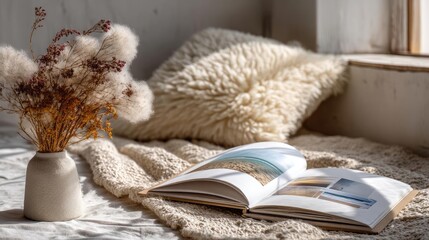 Abundance mindset for prosperity with belief and motivation concept. A cozy indoor scene with a book, flowers, and soft textures.