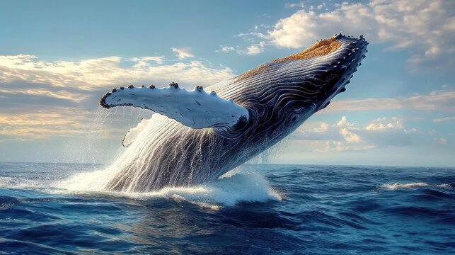 Large humpback whale breaching out of the ocean water under a partly cloudy sky during golden hour