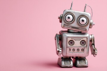 Fototapeta premium Retro robot on pink background