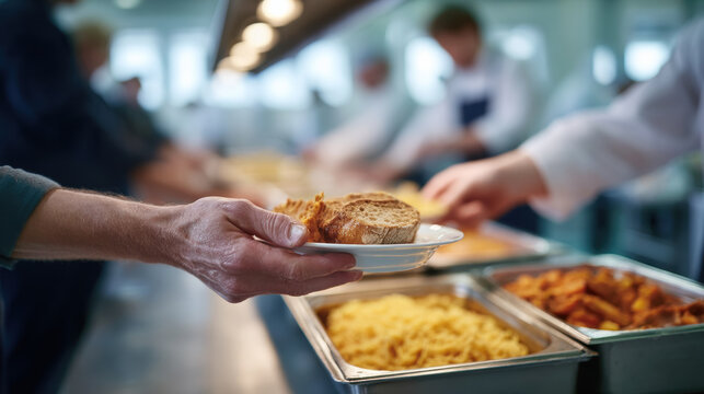 Person holding plate with bread and food in cafeteria line, with other people serving themselves in background, creating busy and communal dining atmosphere