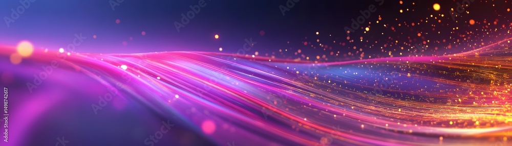 Poster abstract design with dynamic lines and shimmering particles.