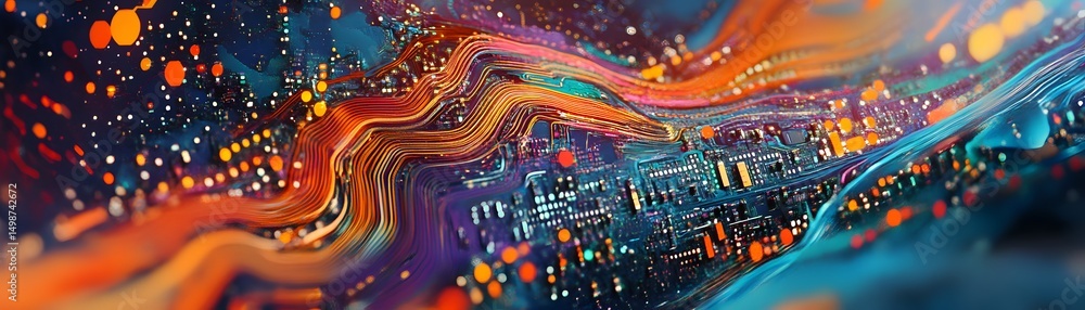 Poster abstract depiction of a circuit board with flowing lines and colors.