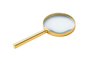 Close-up of a golden magnifying glass isolated on white background, cut out