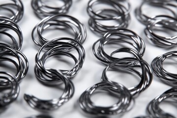 Close-up view of interconnected shiny metal coil springs arranged in a pattern on a smooth surface