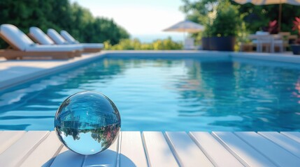 Clear glass sphere reflecting surroundings placed on a white wooden pool deck with blue swimming pool and sun loungers in a sunny peaceful garden setting