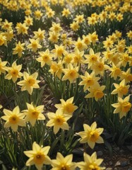 Fototapeta premium Dense cluster of daffodils, sunlight through petals, springtime, field