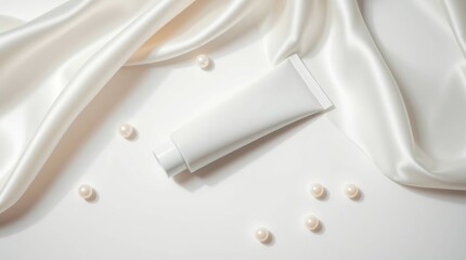 Luxury Skincare Elegant White Cream Tube on Silk with Pearls