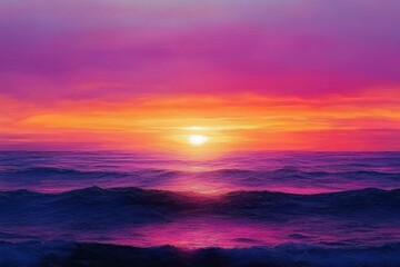 Fototapeta premium Vibrant sunset over calm ocean waves with colorful pink, purple, orange, and yellow sky creating a serene and peaceful atmosphere