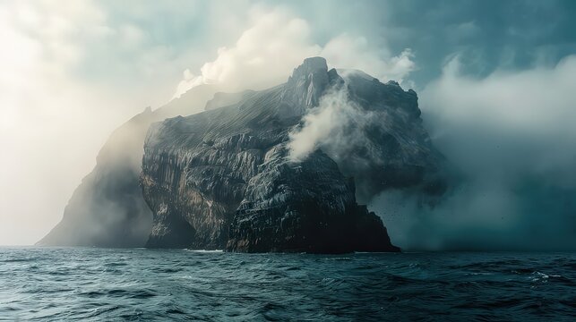 A rocky island shrouded in mist rising from a dark ocean under a cloudy, overcast sky landscape