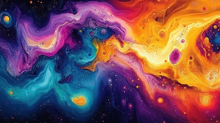 Fototapeta premium Abstract fluid painting with swirling vibrant colors blending blue, purple, pink, orange, and yellow creating cosmic and energetic impression