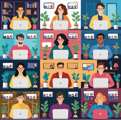 Modern vector collage of diverse professionals working remotely from home. Each person is using a laptop in their personalized home environment, representing online collaboration, video conferencing, 