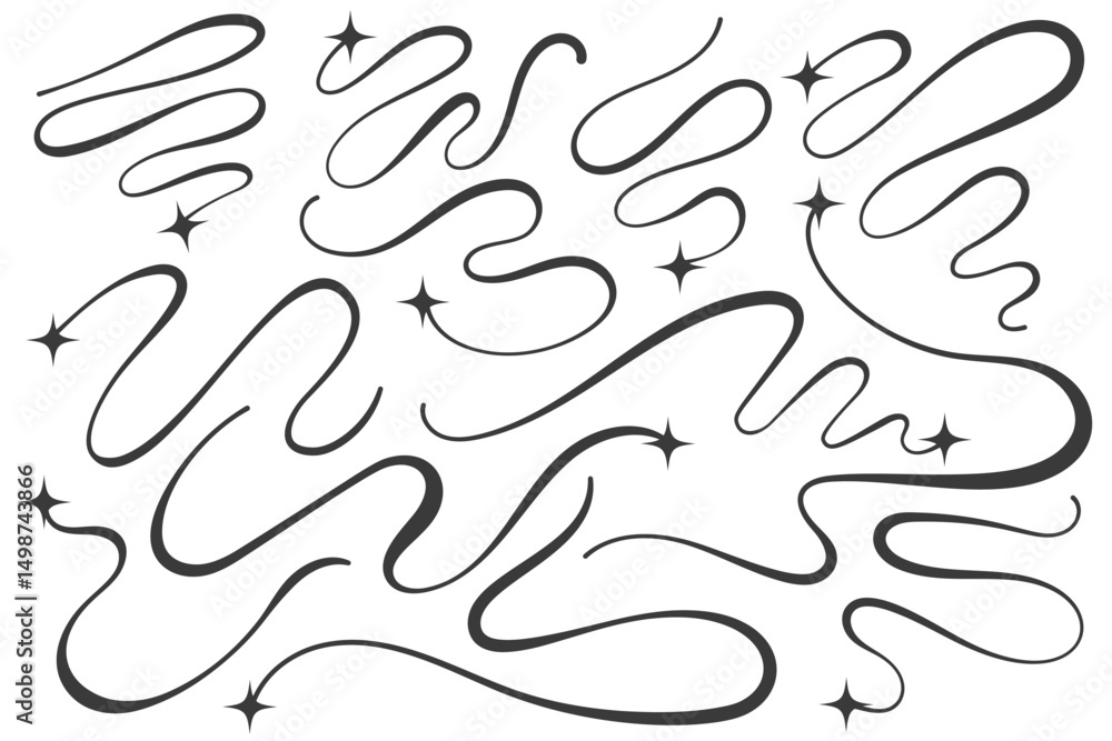 Poster swirl vector lines with stars. curved elegant flourishes tails of comets. decorative y2k scrolls and