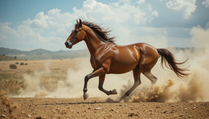 Chestnut horse galloping autumn forest; nature wallpaper	
