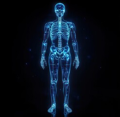 Glowing futuristic digital human skeleton rendered in blue light on a dark background, showing detailed bones and joints in a standing position