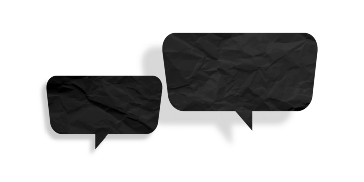 Black speech bubble crumpled paper isolated on transparent background