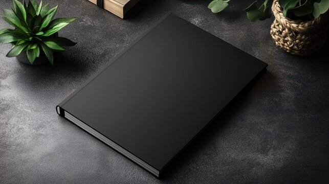 A black, hard-cover book sits on a textured surface, flanked by two green plants. Use it for book cover mockups or to showcase journal designs elegantly.