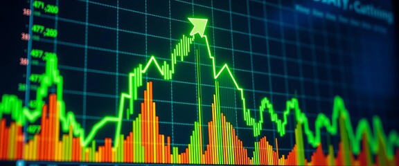 Glowing green upward trending stock market chart on a digital screen, digital, growth