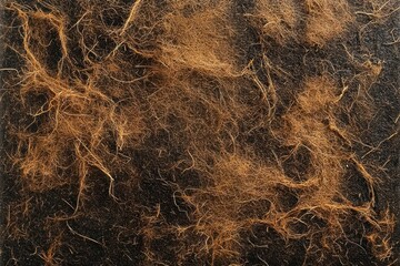 Close-up view of tangled brown fibrous roots spread over dark soil background with a rough texture and natural earthy tones