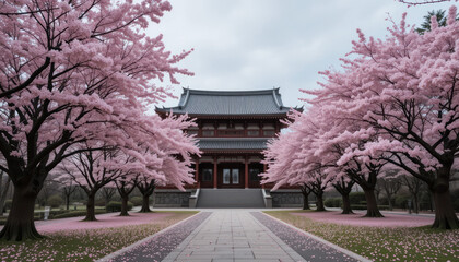 Spring blossoms near Japanese tea house, park path	
