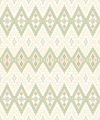 Geometric seamless pattern with diamond shapes in soft green, beige, and pastel tones for textile, fabric, and ethnic inspired design