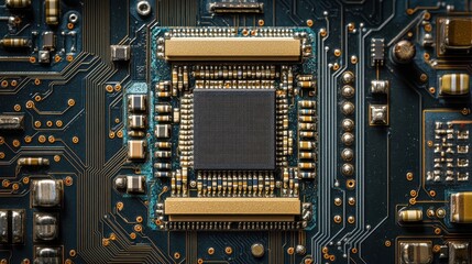 Fototapeta premium Close-up shot shows a computer motherboard with integrated circuit components. Perfect for technology, science, and engineering publications and presentations.