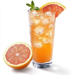 Tall glass of iced grapefruit juice garnished with a fresh mint sprig and a grapefruit wedge next to a halved grapefruit on a white background