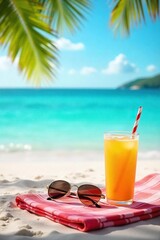 Relaxing summer scene featuring a sun-drenched beach towel, sunglasses, and a refreshing drink, perfect for a carefree vacation , lifestyle, summer vacation