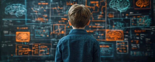 young boy standing and looking at a large blackboard filled with complex scientific and brain diagrams and formulas with a focused and curious expression