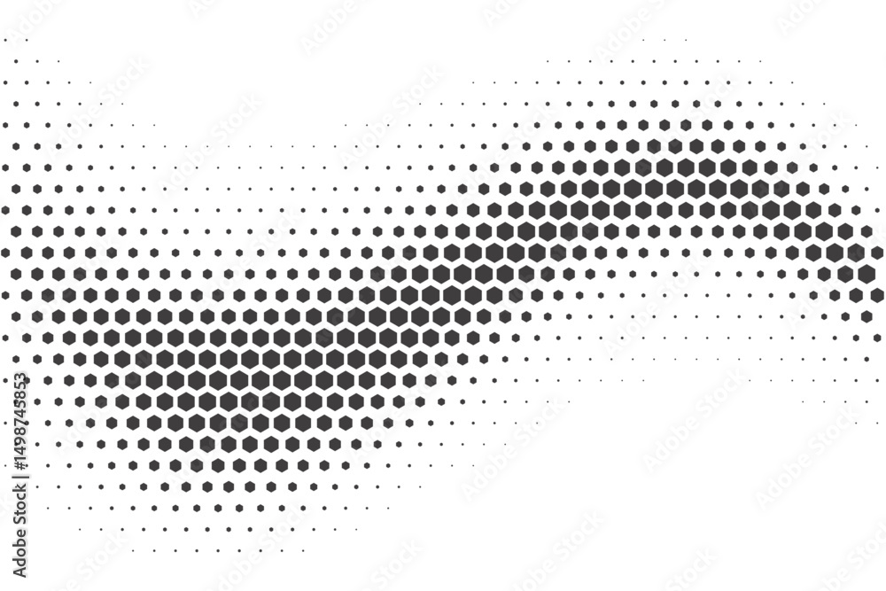 Poster Halftone vector wave with hexagon pattern. Honeycomb gradient fade. Abstract geometric dynamic curved shape on white background. Pixelated 80s distorted warp illustration