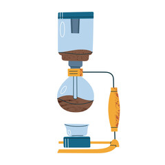 Vector illustration of coffee siphon used for manual brewing. Flat cartoon elegant glass design with stand and burner, icon for home baristas and coffee lovers, isolated colored clipart