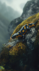 Black and orange salamander on rocky terrain in mist