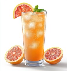 Refreshing citrus drink with ice cubes garnished with grapefruit slice and green leaves beside fresh halved grapefruits on white background