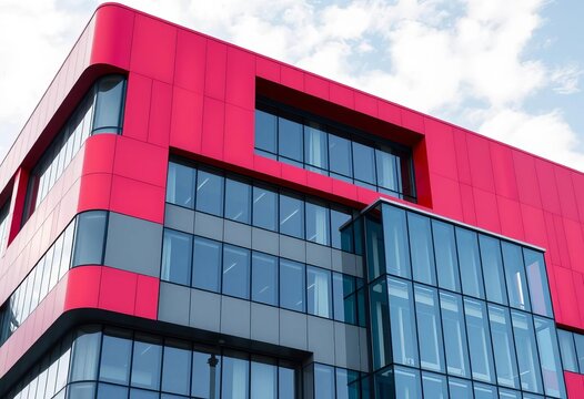 Sleek modern office building clad in red & gray aluminum composite panels, accented by a glass wall , office building, ACM