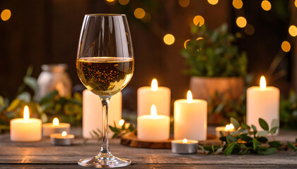 A glass of white wine sits on a wooden table surrounded by glowing candles and greenery, creating a warm, cozy, and festive atmosphere